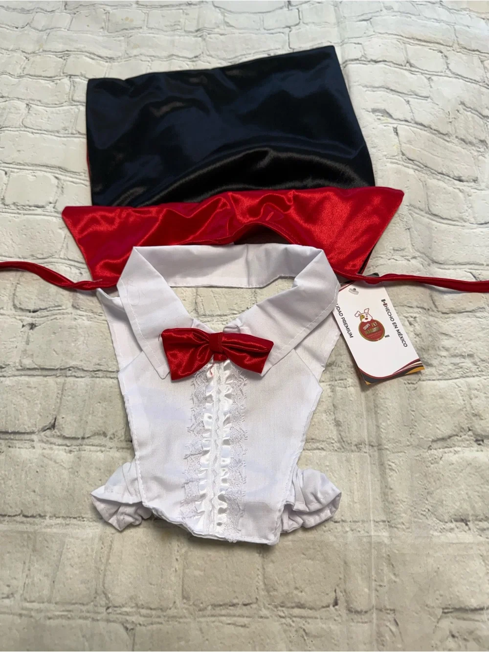 Pet Warrior Red Satin Cape & White Bib Bow Pet Costume Set. Vampire Halloween Co